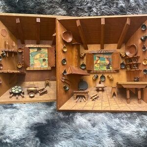 2 Hand Carved Country Cabin Kitchens Wooden Shadow Boxes Diorama Wood